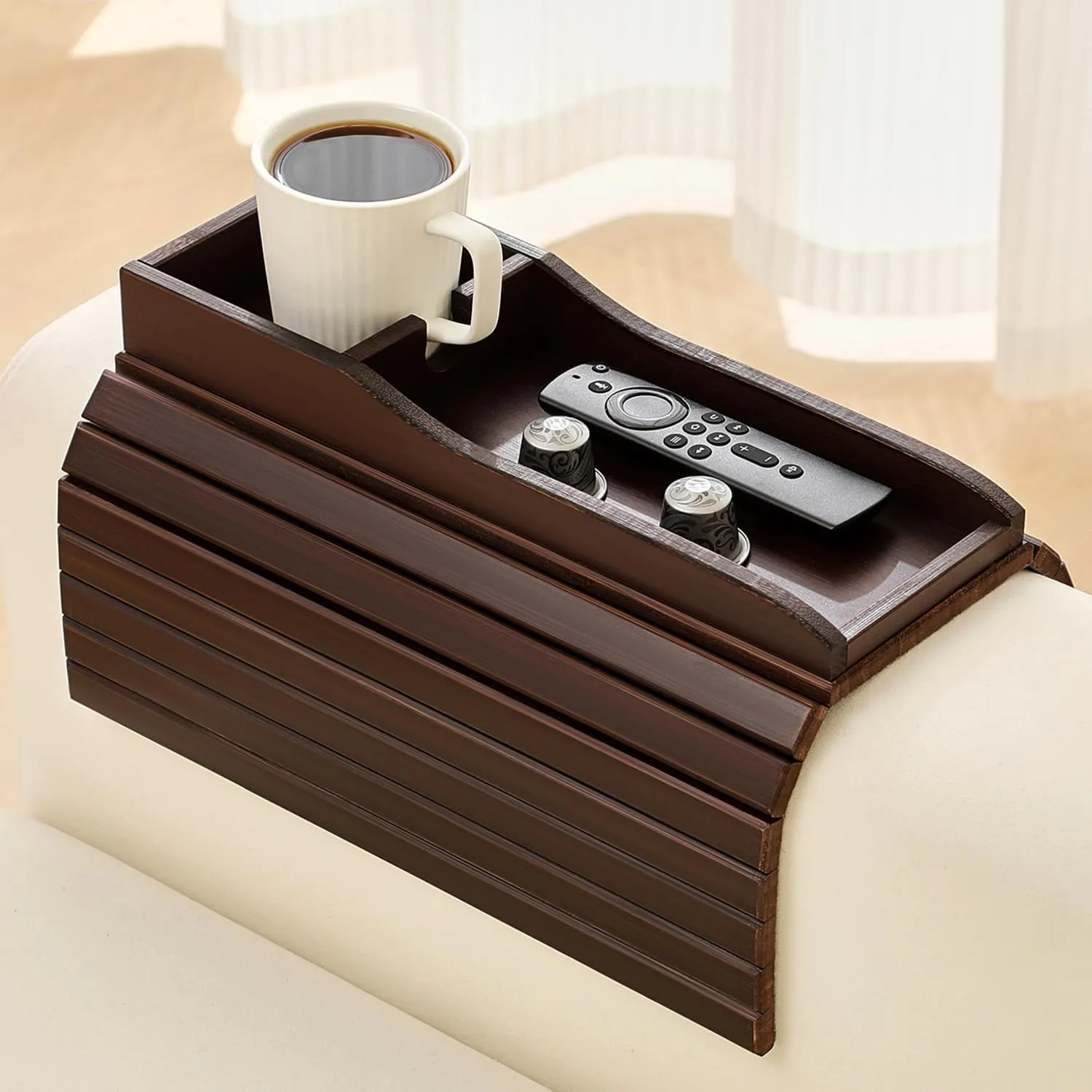 Bamboo Couch Cup Holder Arm Tray Table，Couch Drink Holder，Sofa Cup Holder Armrest Tray，Anti-Slip Foldable Arm Chair Table Tray Recliners for Drink,Cups, Snacks, Phone, Remote