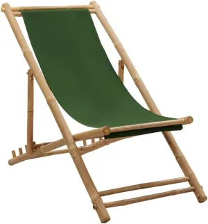 Bamboo Deck Chair Green Canvas 4-Position Adjustable Outdoor Patio Furniture Foldable Beach Camping Lounge Chair for Garden Poolside and Backyard