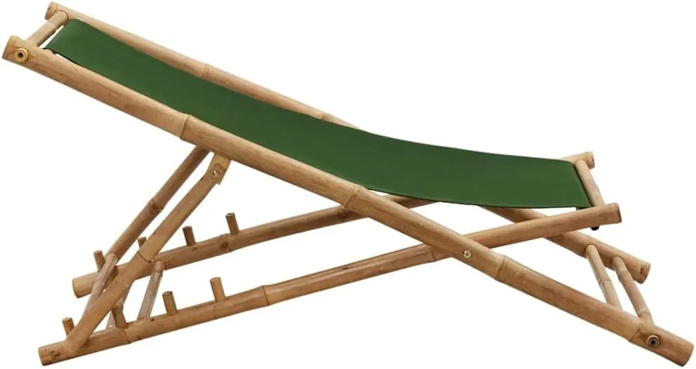 Bamboo Deck Chair Green Canvas 4-Position Adjustable Outdoor Patio Furniture Foldable Beach Camping Lounge Chair for Garden Poolside and Backyard