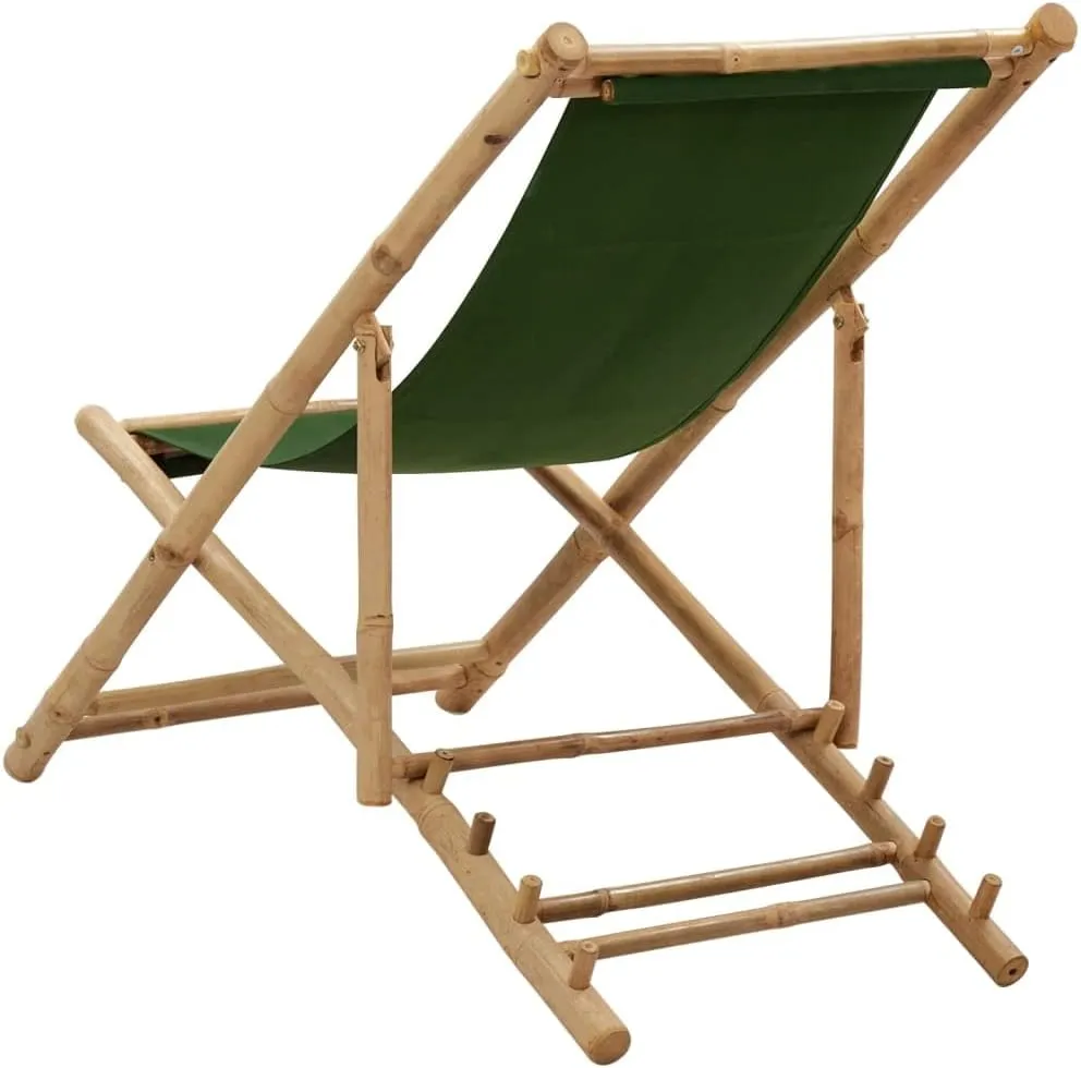 Bamboo Deck Chair Green Canvas 4-Position Adjustable Outdoor Patio Furniture Foldable Beach Camping Lounge Chair for Garden Poolside and Backyard