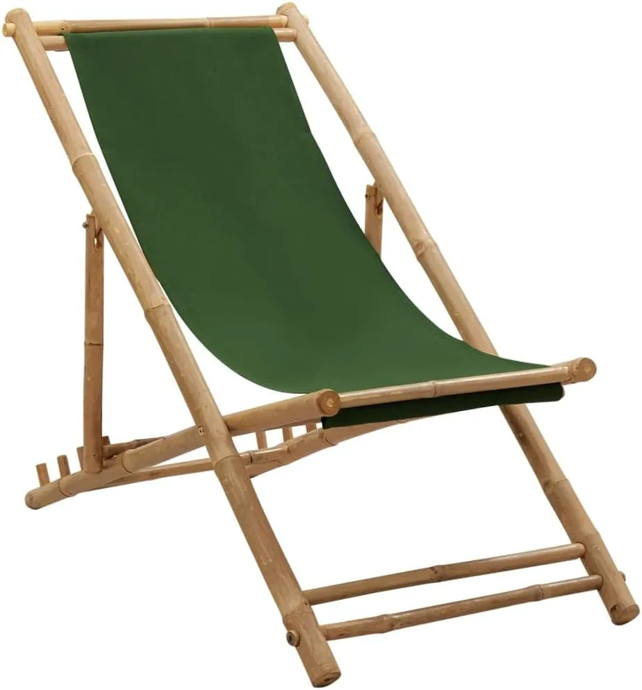 Bamboo Deck Chair Green Canvas 4-Position Adjustable Outdoor Patio Furniture Foldable Beach Camping Lounge Chair for Garden Poolside and Backyard
