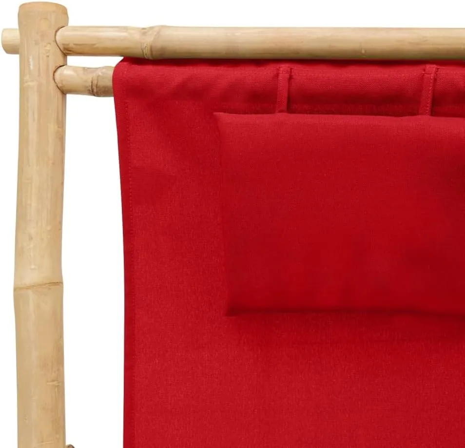 Bamboo Deck Chair with Adjustable Backrest, Foldable Outdoor Lounge Chair Red Canvas Patio Furniture for Beach, Poolside, and Garden Relaxation