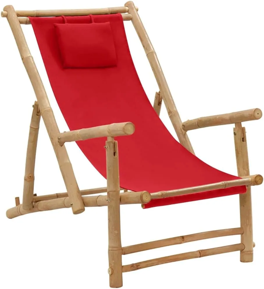Bamboo Deck Chair with Adjustable Backrest, Foldable Outdoor Lounge Chair Red Canvas Patio Furniture for Beach, Poolside, and Garden Relaxation