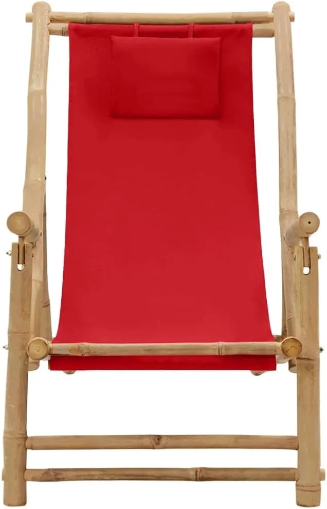 Bamboo Deck Chair with Adjustable Backrest, Foldable Outdoor Lounge Chair Red Canvas Patio Furniture for Beach, Poolside, and Garden Relaxation