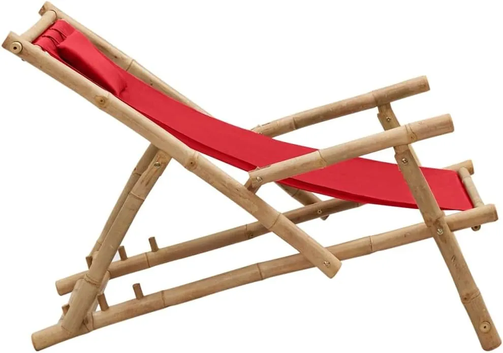 Bamboo Deck Chair with Adjustable Backrest, Foldable Outdoor Lounge Chair Red Canvas Patio Furniture for Beach, Poolside, and Garden Relaxation