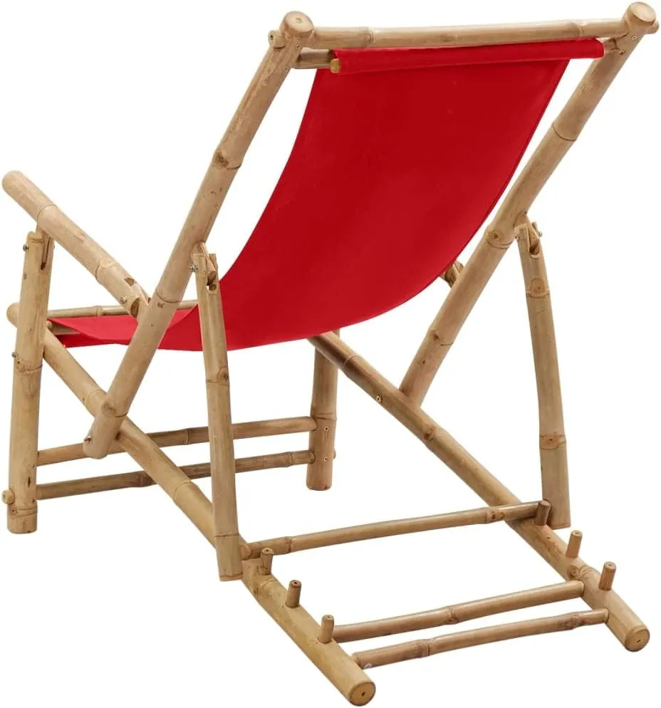 Bamboo Deck Chair with Adjustable Backrest, Foldable Outdoor Lounge Chair Red Canvas Patio Furniture for Beach, Poolside, and Garden Relaxation
