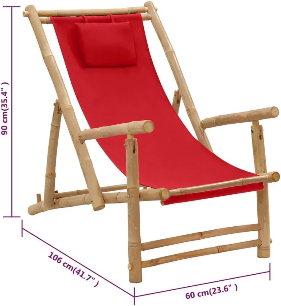 Bamboo Deck Chair with Adjustable Backrest, Foldable Outdoor Lounge Chair Red Canvas Patio Furniture for Beach, Poolside, and Garden Relaxation
