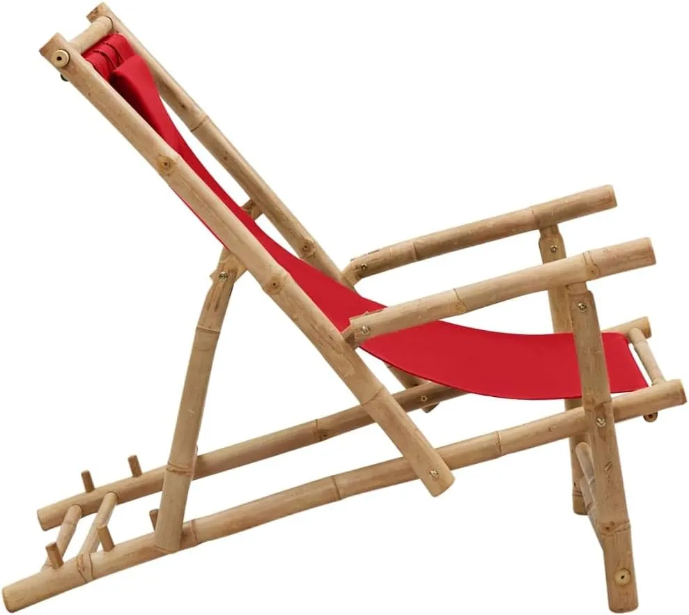 Bamboo Deck Chair with Adjustable Backrest, Foldable Outdoor Lounge Chair Red Canvas Patio Furniture for Beach, Poolside, and Garden Relaxation