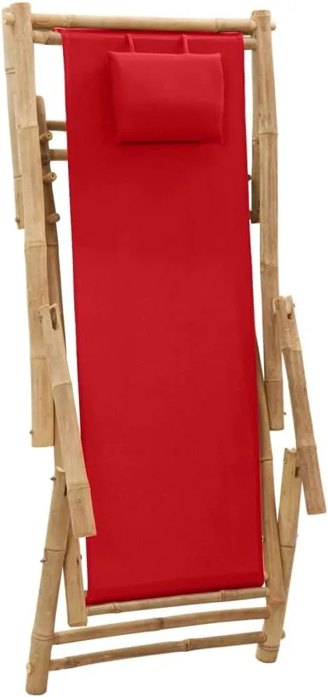 Bamboo Deck Chair with Adjustable Backrest, Foldable Outdoor Lounge Chair Red Canvas Patio Furniture for Beach, Poolside, and Garden Relaxation
