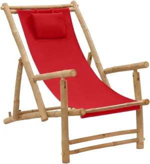 Bamboo Deck Chair with Adjustable Backrest, Foldable Outdoor Lounge Chair Red Canvas Patio Furniture for Beach, Poolside, and Garden Relaxation