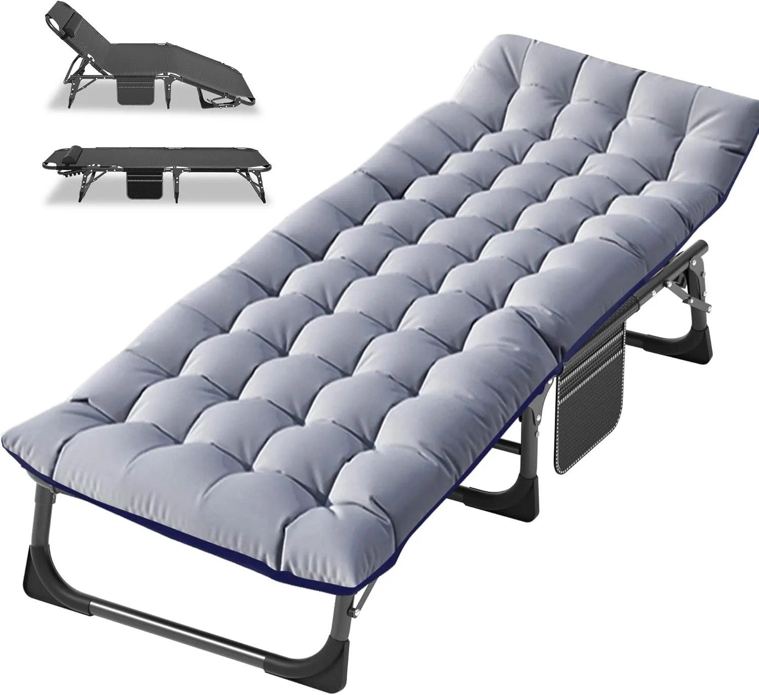 Barbella Folding Camping Cots for Adults, Adjustable 4-Position Adults Reclining Chaise with Pillow, Outdoor Lounge Chair Sleeping Cots Bed, Perfect for Camping, Pool, Beach, Patio, Grey
