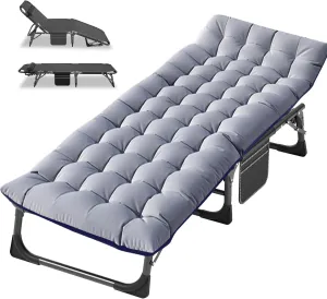 Barbella Folding Camping Cots for Adults, Adjustable 4-Position Adults Reclining Chaise with Pillow, Outdoor Lounge Chair Sleeping Cots Bed, Perfect for Camping, Pool, Beach, Patio, Grey