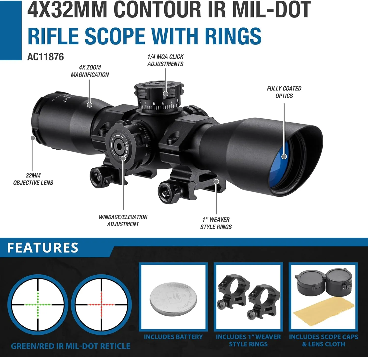 Barska Compact Rifle Scope Red/Green Illuminated Mil-Dot Reticle with Cantilever Rings