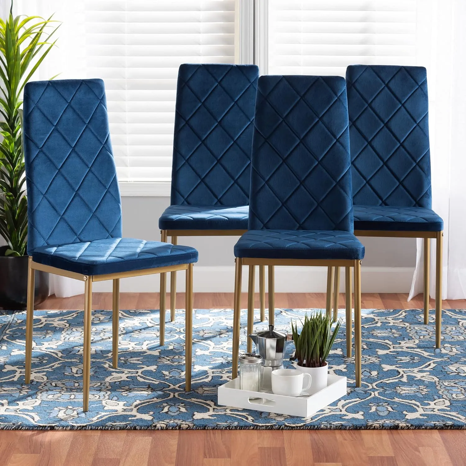 Baxton Studio Blaise Modern Luxe and Glam Navy Blue Velvet Fabric Upholstered and Gold Finished Metal 4-Piece Dining Chair Set
