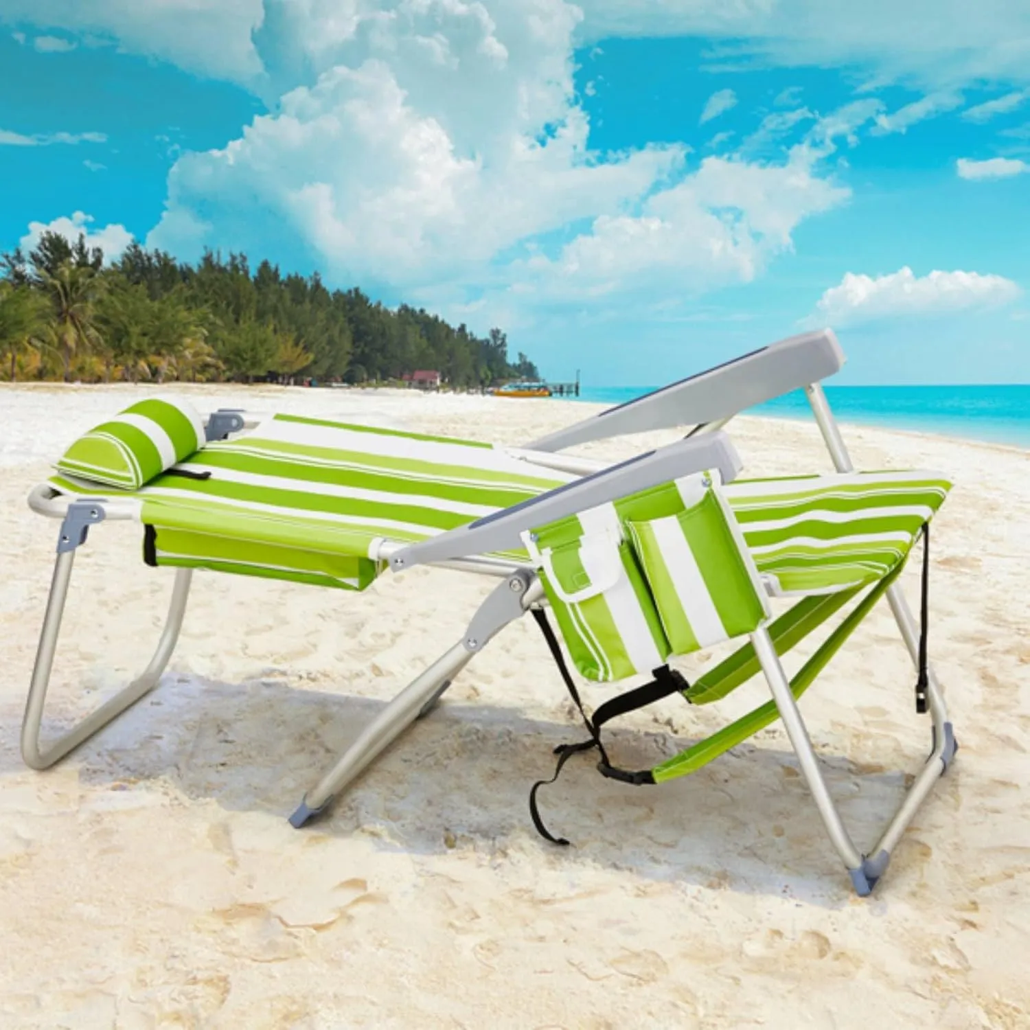 Beach Chair for Adults, Portable Outdoor Reclining Camping Chair with 5-Position, Lightweight Folding Chairs with Headrest, Cooler Pouch, Cup Holders, Towel Bar, Shoulder Strap (Green Stripe)