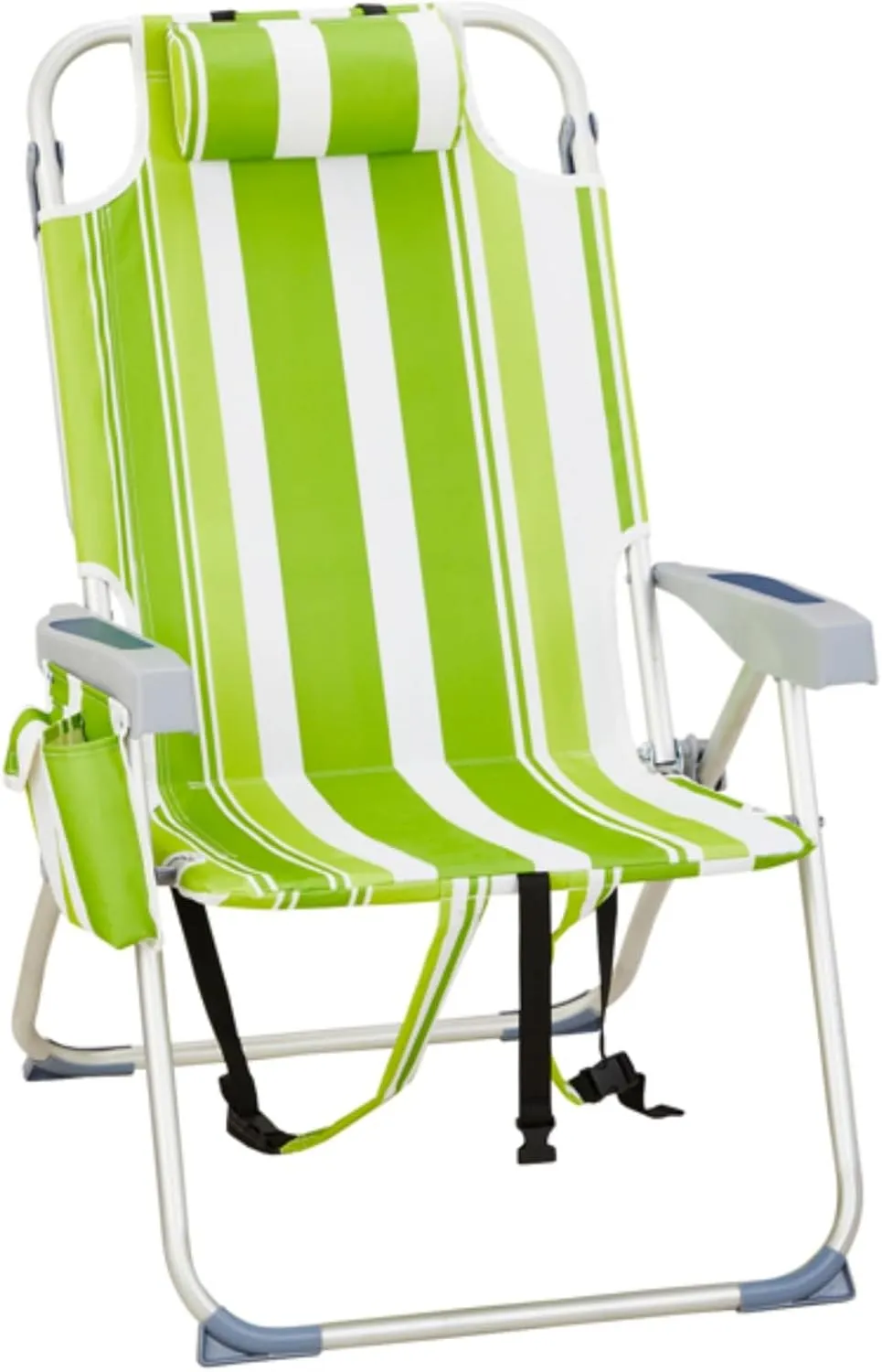 Beach Chair for Adults, Portable Outdoor Reclining Camping Chair with 5-Position, Lightweight Folding Chairs with Headrest, Cooler Pouch, Cup Holders, Towel Bar, Shoulder Strap (Green Stripe)