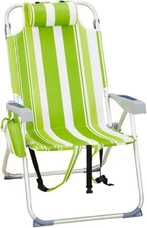 Beach Chair for Adults, Portable Outdoor Reclining Camping Chair with 5-Position, Lightweight Folding Chairs with Headrest, Cooler Pouch, Cup Holders, Towel Bar, Shoulder Strap (Green Stripe)