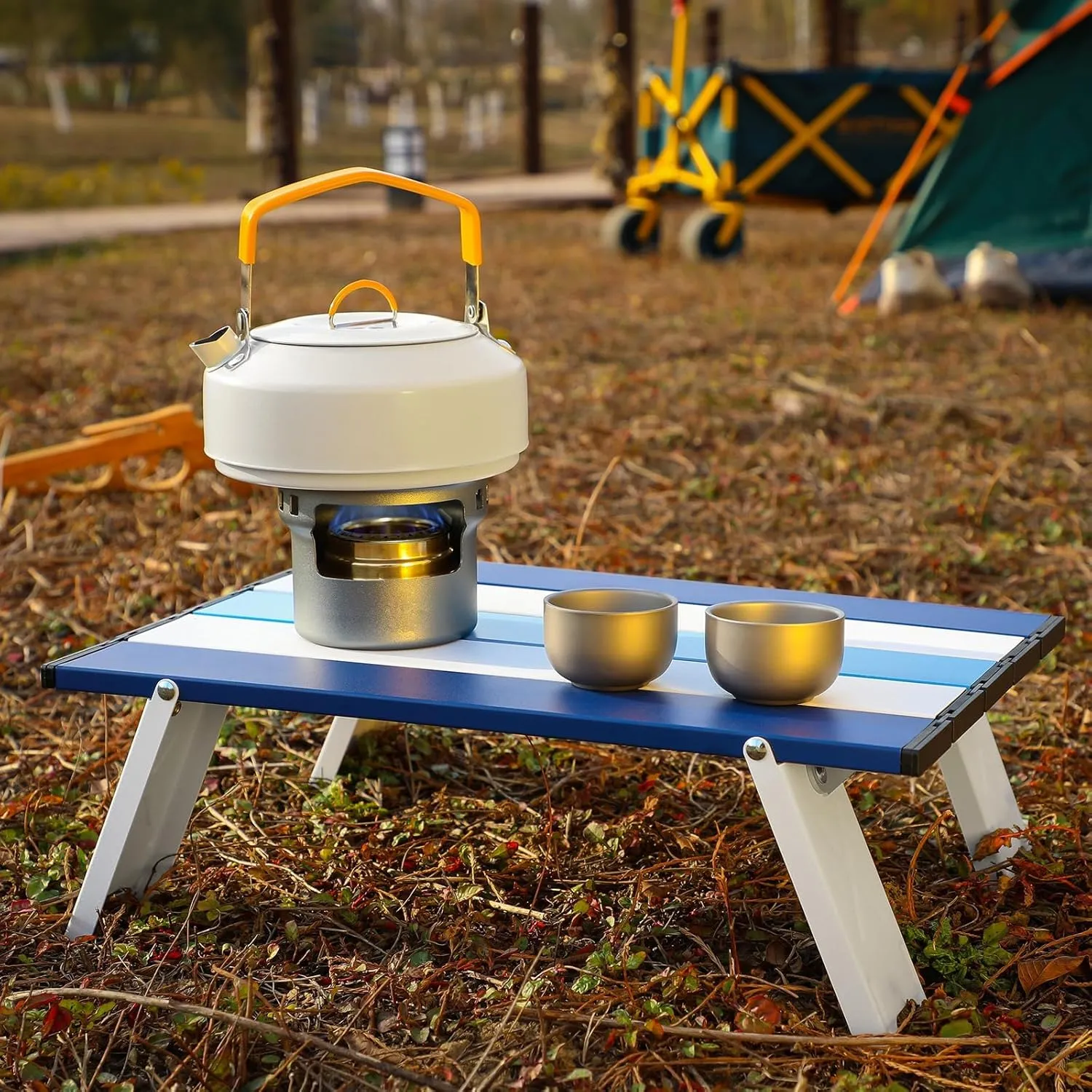 Beach Table Folding Camping Small Mini Portable Table Striped White Aluminum Side with Carry Bag for Camping Picnics and Outdoor Activities(Navy Blue)