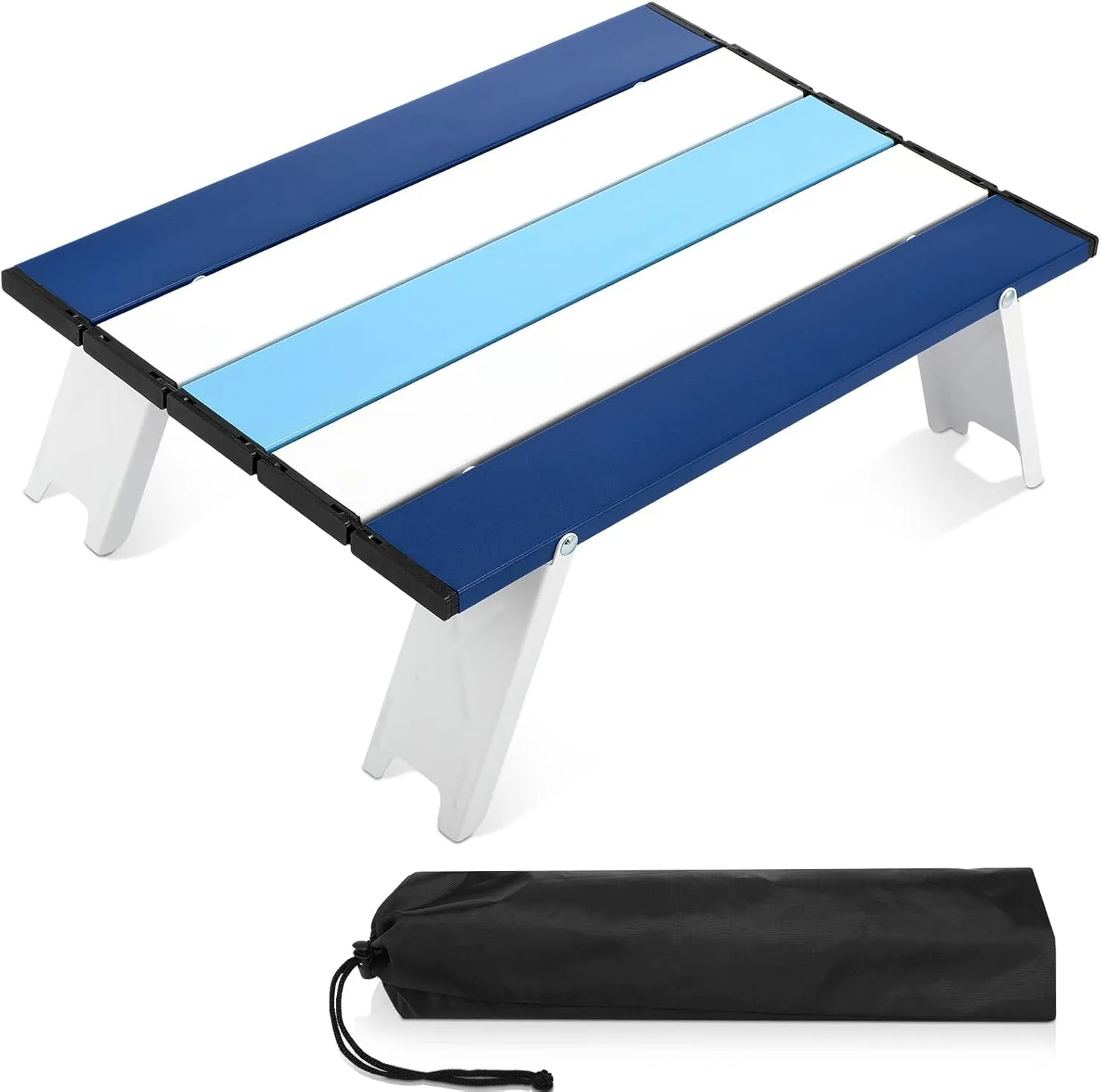 Beach Table Folding Camping Small Mini Portable Table Striped White Aluminum Side with Carry Bag for Camping Picnics and Outdoor Activities(Navy Blue)