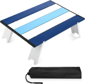 Beach Table Folding Camping Small Mini Portable Table Striped White Aluminum Side with Carry Bag for Camping Picnics and Outdoor Activities(Navy Blue)