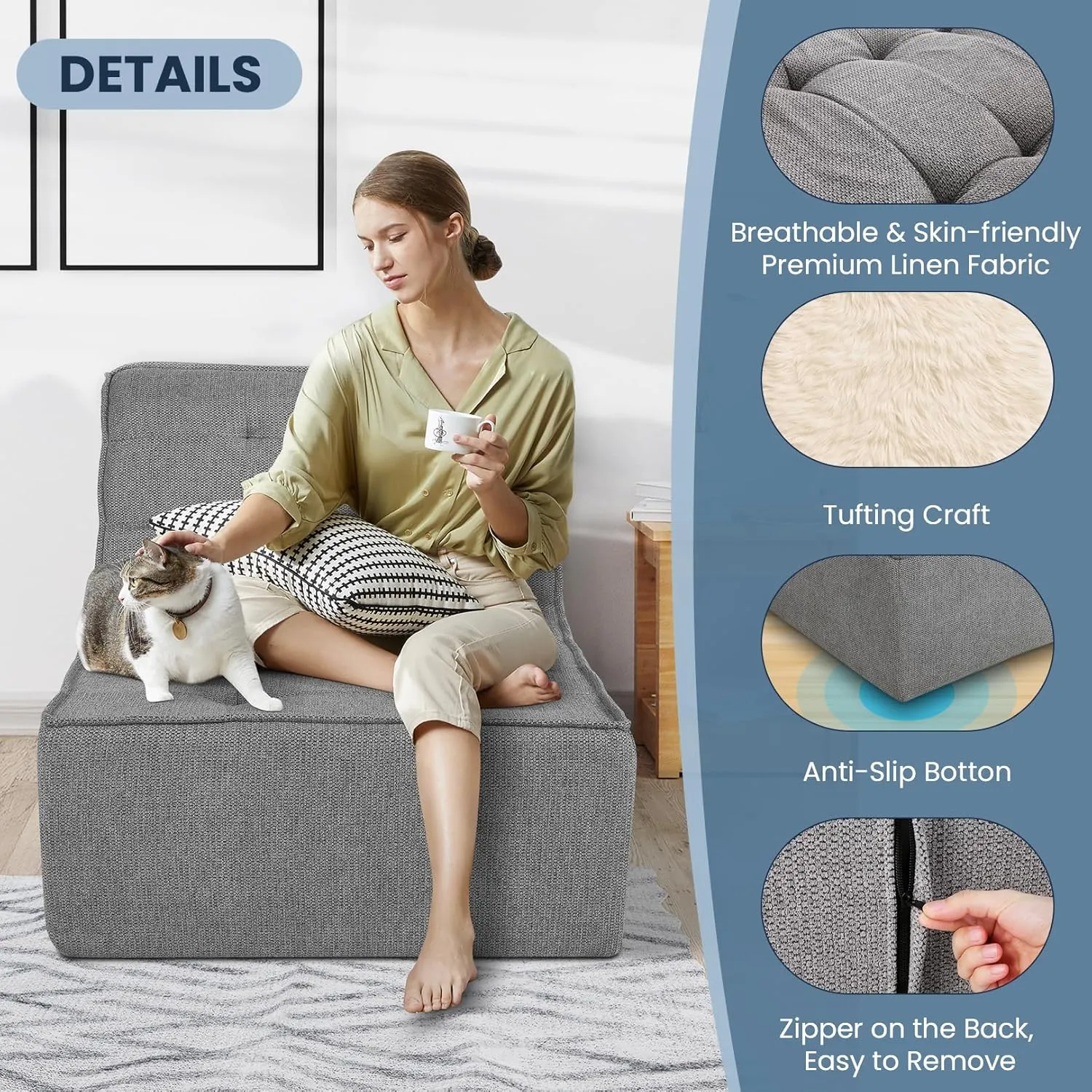 Bean Bag Chair Bean Bag Sofa Chair Soft Stuffed Filling, Fluffy and Lazy Sofa with Filler, Comfy Cozy Giant BeanBag Chairs for Adults with Memory Foam Bean Bag Couch Accent Sofa Chair Lounger Chair