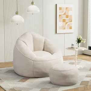 Bean Bag Sofa Chair with Ottoman, Comfy Microfiber Large Lazy Sofa with Footstool, Oversized Upholstered Fluffy Beanbag Chair with Memory Foam Filler for Living Room, Bedroom, Beige
