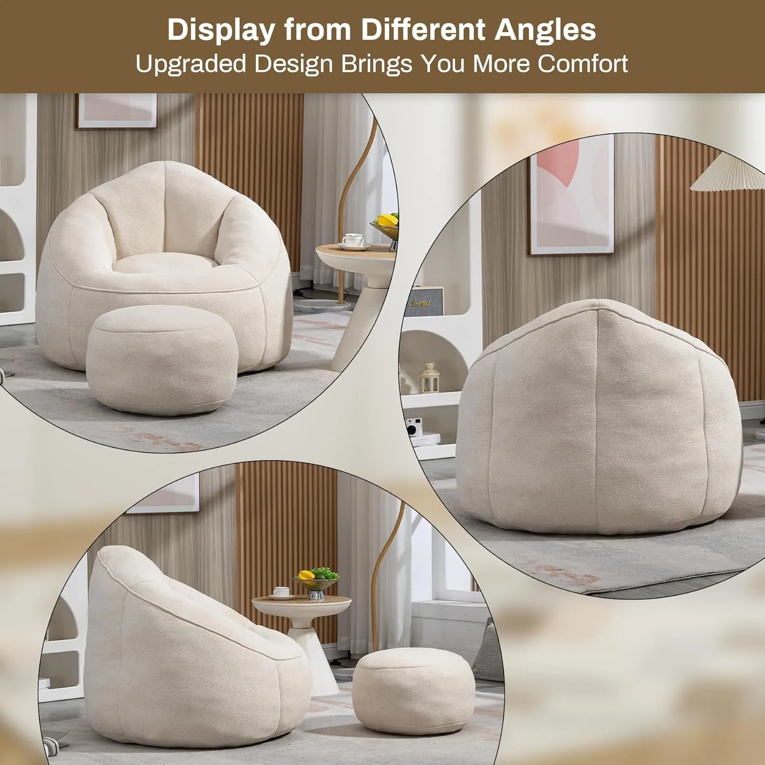 Bean Bag Sofa Chair with Ottoman, Comfy Microfiber Large Lazy Sofa with Footstool, Oversized Upholstered Fluffy Beanbag Chair with Memory Foam Filler for Living Room, Bedroom, Beige