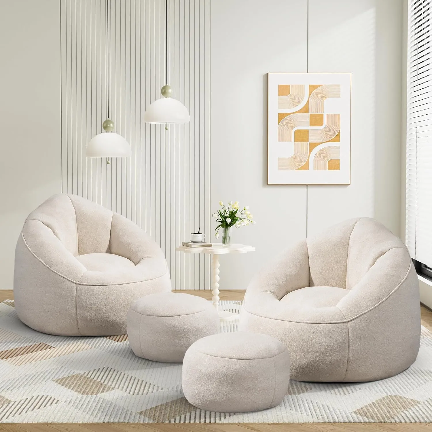 Bean Bag Sofa Chair with Ottoman, Comfy Microfiber Large Lazy Sofa with Footstool, Oversized Upholstered Fluffy Beanbag Chair with Memory Foam Filler for Living Room, Bedroom, Beige