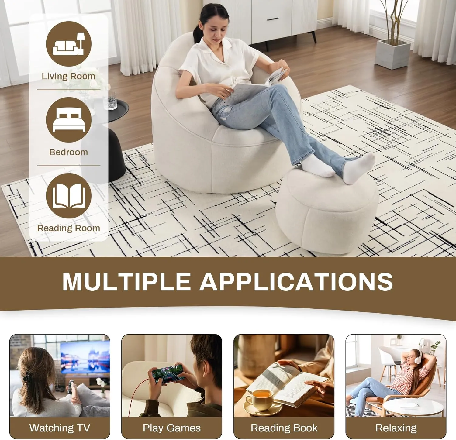 Bean Bag Sofa Chair with Ottoman, Comfy Microfiber Large Lazy Sofa with Footstool, Oversized Upholstered Fluffy Beanbag Chair with Memory Foam Filler for Living Room, Bedroom, Beige