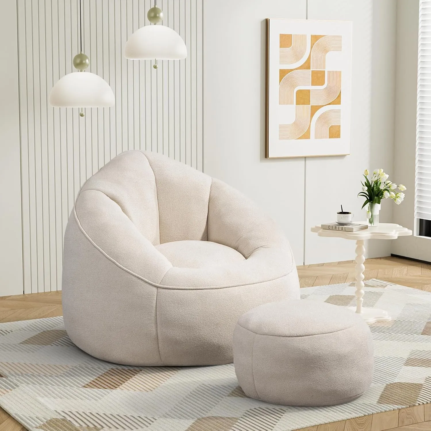 Bean Bag Sofa Chair with Ottoman, Comfy Microfiber Large Lazy Sofa with Footstool, Oversized Upholstered Fluffy Beanbag Chair with Memory Foam Filler for Living Room, Bedroom, Beige