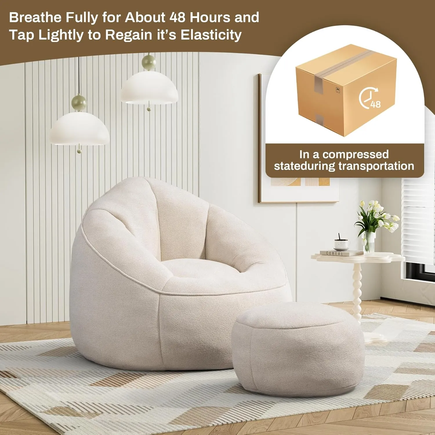 Bean Bag Sofa Chair with Ottoman, Comfy Microfiber Large Lazy Sofa with Footstool, Oversized Upholstered Fluffy Beanbag Chair with Memory Foam Filler for Living Room, Bedroom, Beige