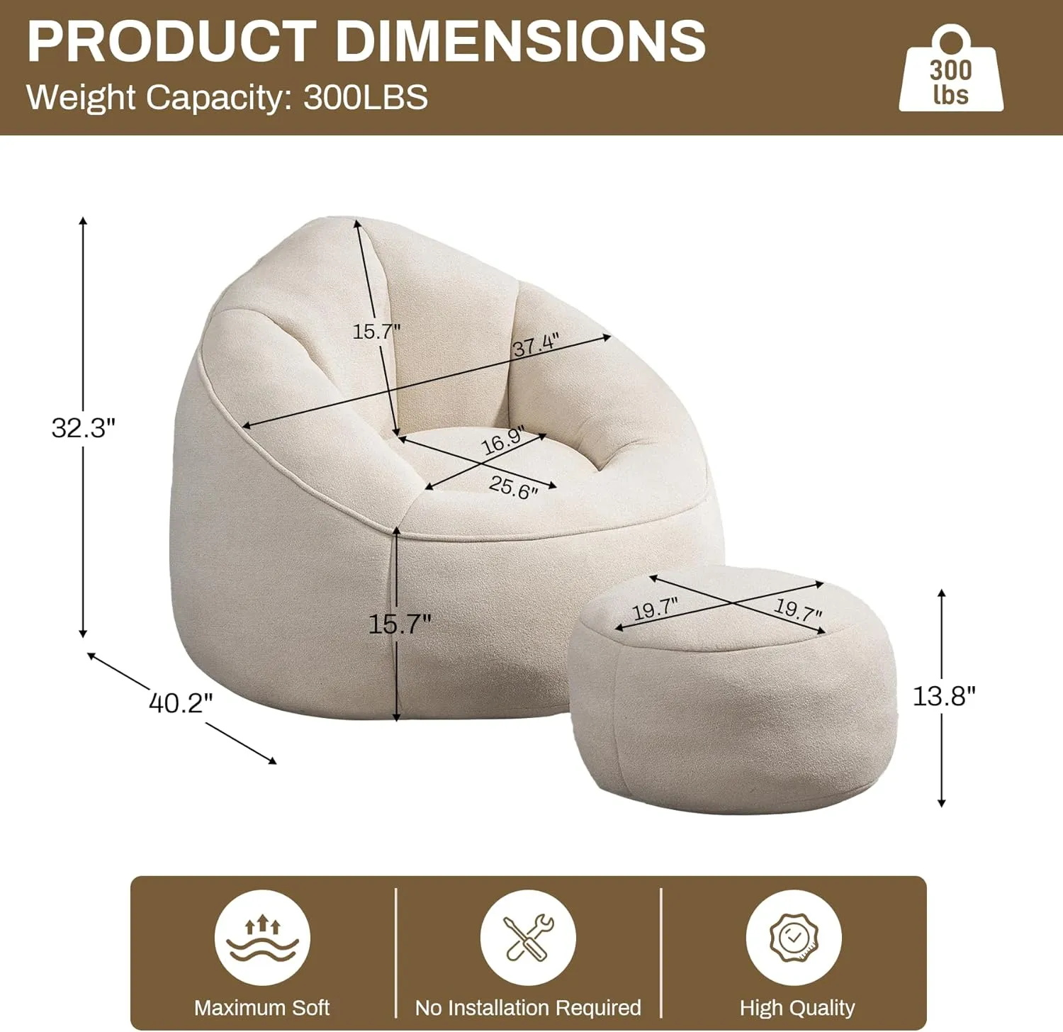 Bean Bag Sofa Chair with Ottoman, Comfy Microfiber Large Lazy Sofa with Footstool, Oversized Upholstered Fluffy Beanbag Chair with Memory Foam Filler for Living Room, Bedroom, Beige