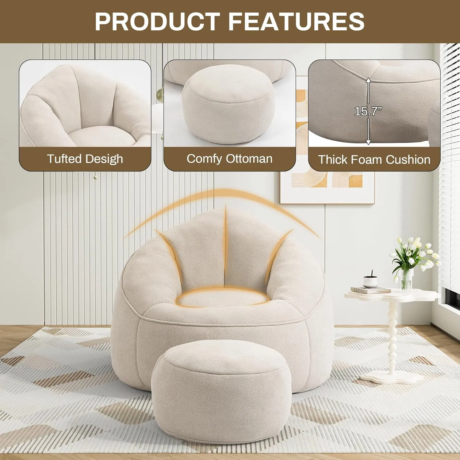 Bean Bag Sofa Chair with Ottoman, Comfy Microfiber Large Lazy Sofa with Footstool, Oversized Upholstered Fluffy Beanbag Chair with Memory Foam Filler for Living Room, Bedroom, Beige