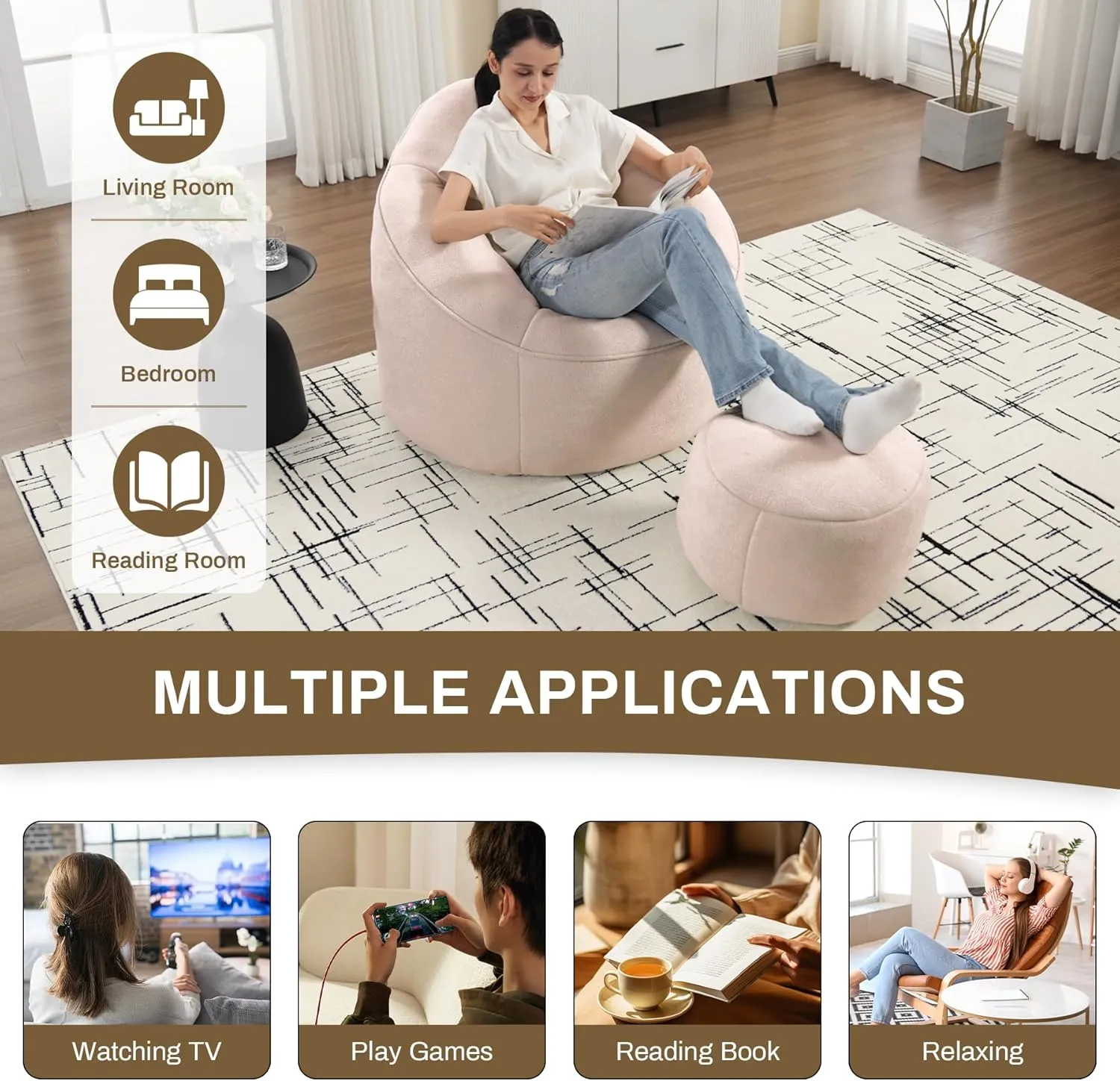 Bean Bag Sofa Chair with Ottoman, Comfy Microfiber Large Lazy Sofa with Footstool, Oversized Upholstered Fluffy Beanbag Chair with Memory Foam Filler for Living Room, Bedroom, Pink