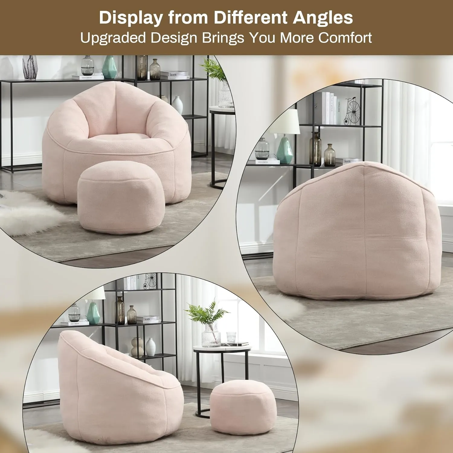 Bean Bag Sofa Chair with Ottoman, Comfy Microfiber Large Lazy Sofa with Footstool, Oversized Upholstered Fluffy Beanbag Chair with Memory Foam Filler for Living Room, Bedroom, Pink