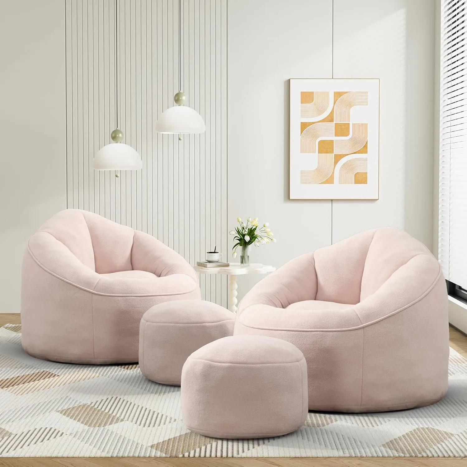 Bean Bag Sofa Chair with Ottoman, Comfy Microfiber Large Lazy Sofa with Footstool, Oversized Upholstered Fluffy Beanbag Chair with Memory Foam Filler for Living Room, Bedroom, Pink