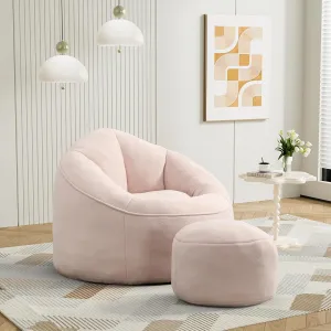Bean Bag Sofa Chair with Ottoman, Comfy Microfiber Large Lazy Sofa with Footstool, Oversized Upholstered Fluffy Beanbag Chair with Memory Foam Filler for Living Room, Bedroom, Pink