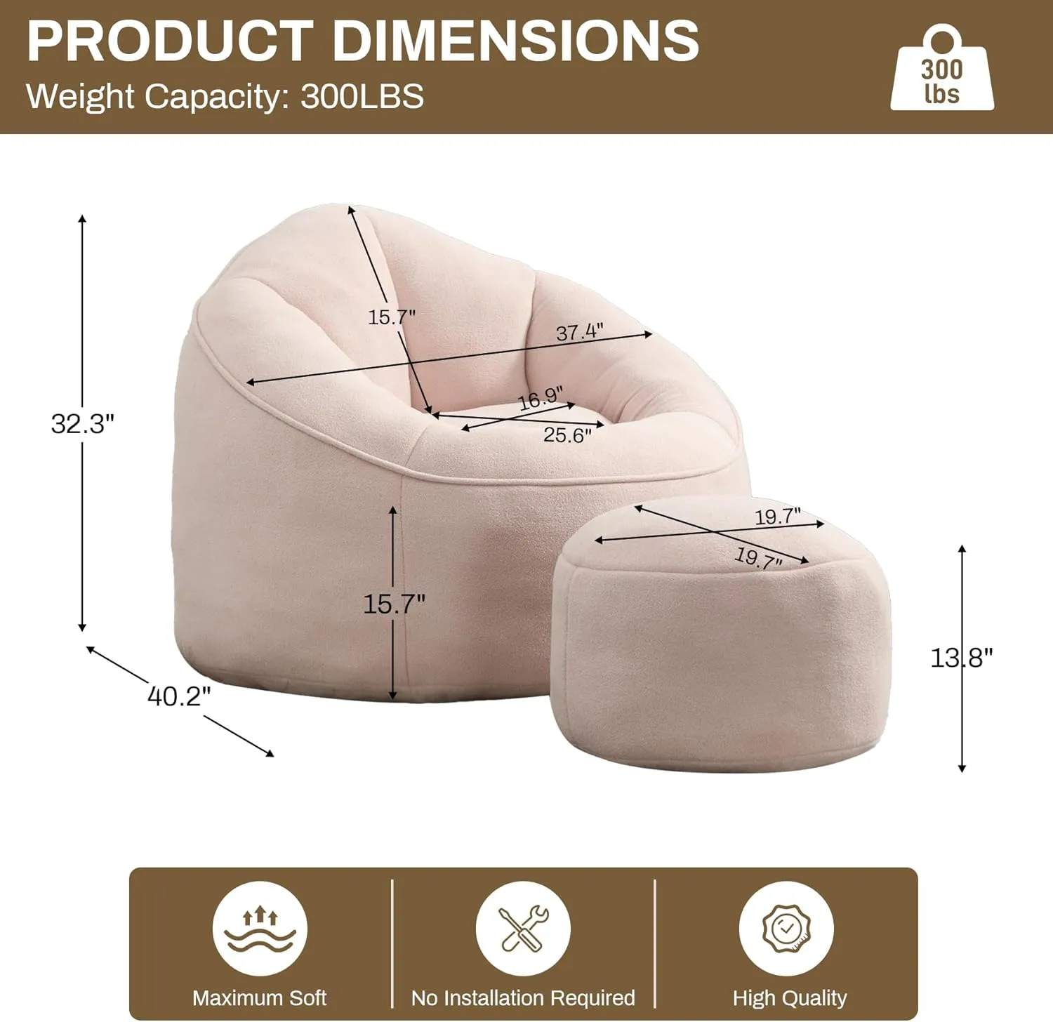 Bean Bag Sofa Chair with Ottoman, Comfy Microfiber Large Lazy Sofa with Footstool, Oversized Upholstered Fluffy Beanbag Chair with Memory Foam Filler for Living Room, Bedroom, Pink