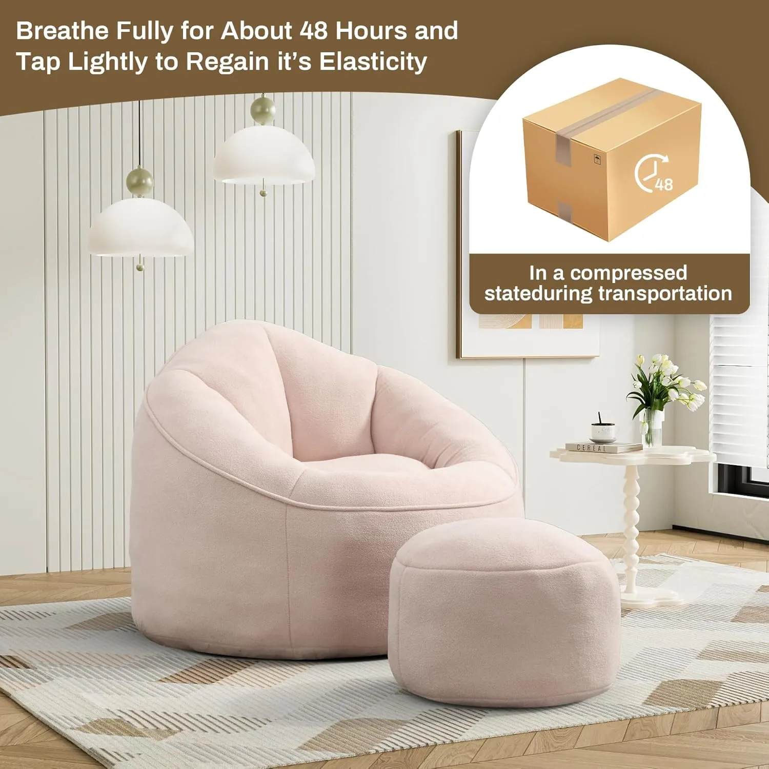 Bean Bag Sofa Chair with Ottoman, Comfy Microfiber Large Lazy Sofa with Footstool, Oversized Upholstered Fluffy Beanbag Chair with Memory Foam Filler for Living Room, Bedroom, Pink