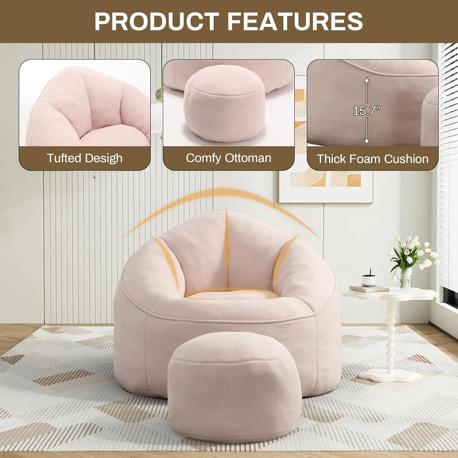 Bean Bag Sofa Chair with Ottoman, Comfy Microfiber Large Lazy Sofa with Footstool, Oversized Upholstered Fluffy Beanbag Chair with Memory Foam Filler for Living Room, Bedroom, Pink