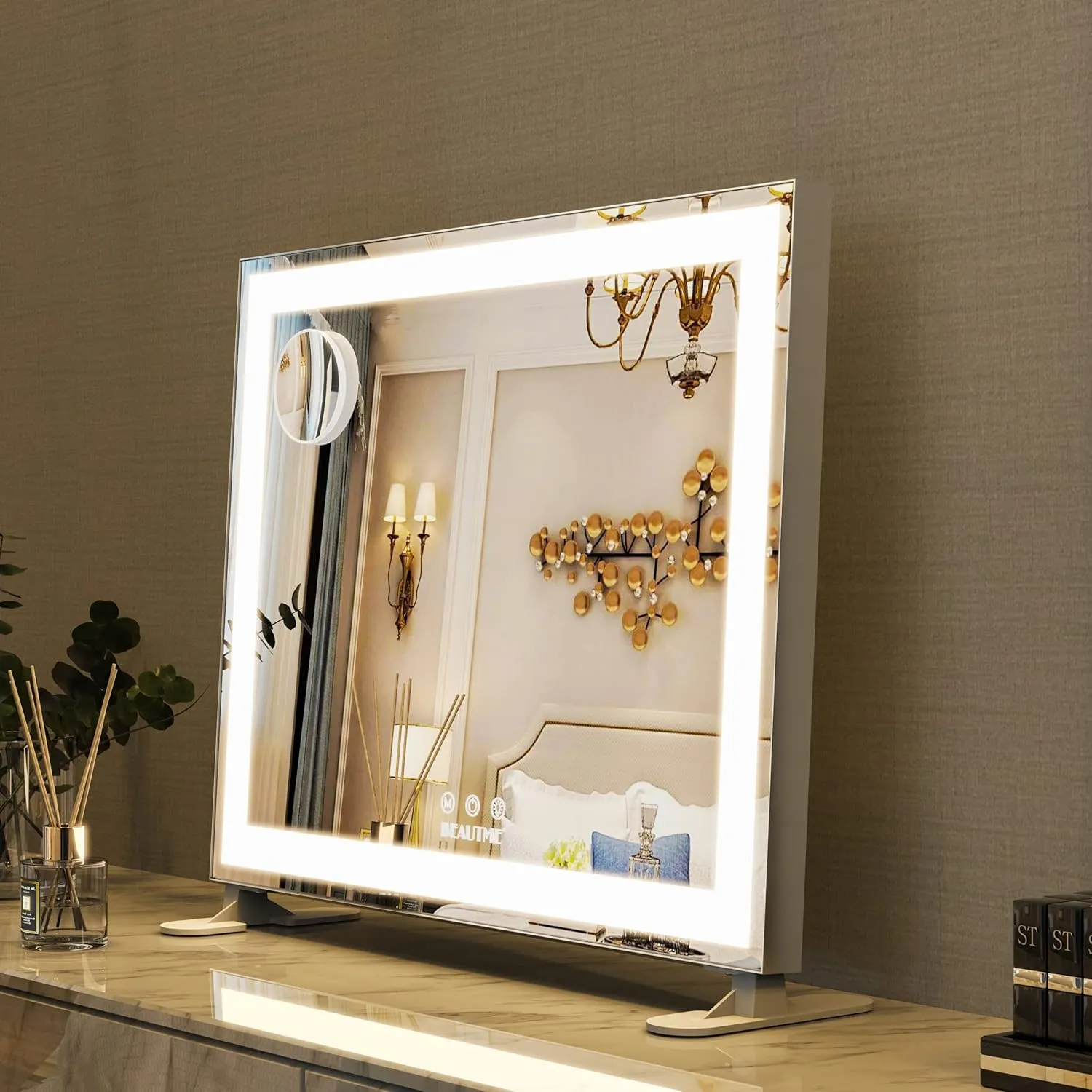 BEAUTME Vanity Mirror with Lights,Hollywood Lighted Makeup Cosmetic Mirrors with Smart Button,Tabletop Makeup Mirrors,with10X Round Mirror,48.5x40.5cm,Silver