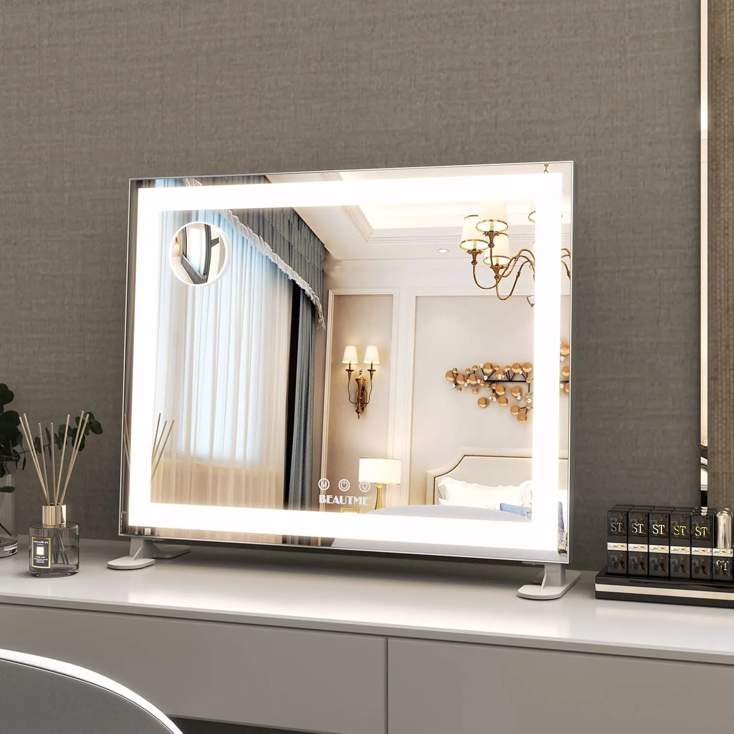 BEAUTME Vanity Mirror with Lights,Hollywood Lighted Makeup Cosmetic Mirrors with Smart Button,Tabletop Makeup Mirrors,with10X Round Mirror,48.5x40.5cm,Silver