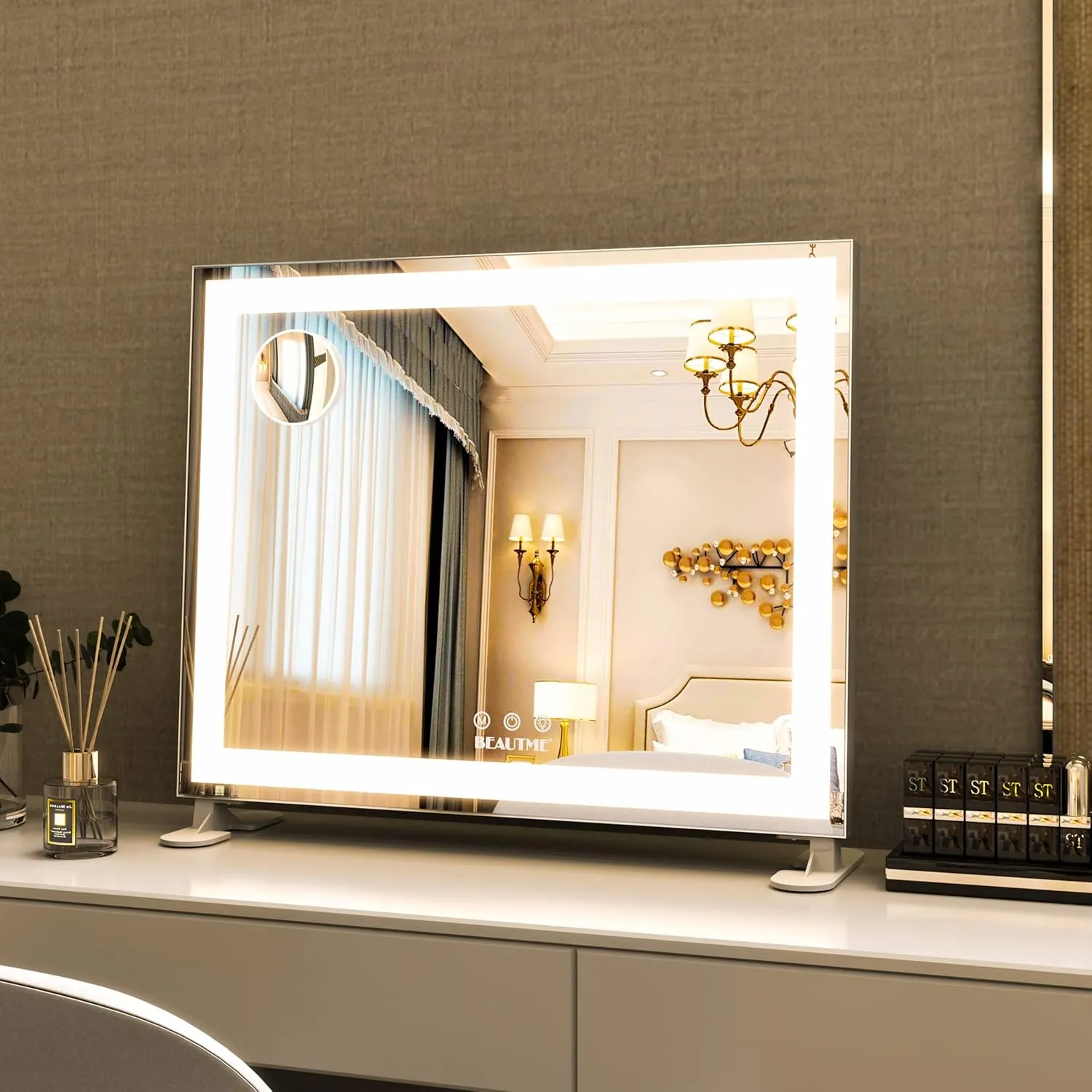 BEAUTME Vanity Mirror with Lights,Hollywood Lighted Makeup Cosmetic Mirrors with Smart Button,Tabletop Makeup Mirrors,with10X Round Mirror,48.5x40.5cm,Silver