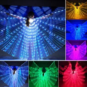 Belly Dance Wings, Kids LED Glow Light Up Isis Wings with Telescopic Flexible Stick for Stage Festival and Party, Red, 57.08 in