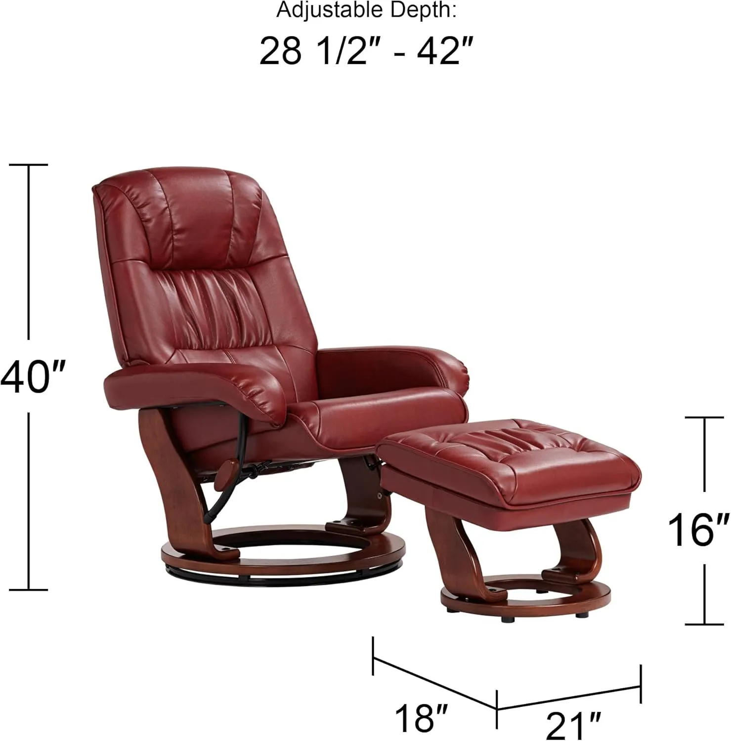 Benchmaster Kyle Ruby Red Swivel Faux Leather with Ottoman Recliner Chair Modern Armchair Ergonomic Push Manual Reclining Footrest Upholstered for Bedroom Living Room Reading Home Relax Office