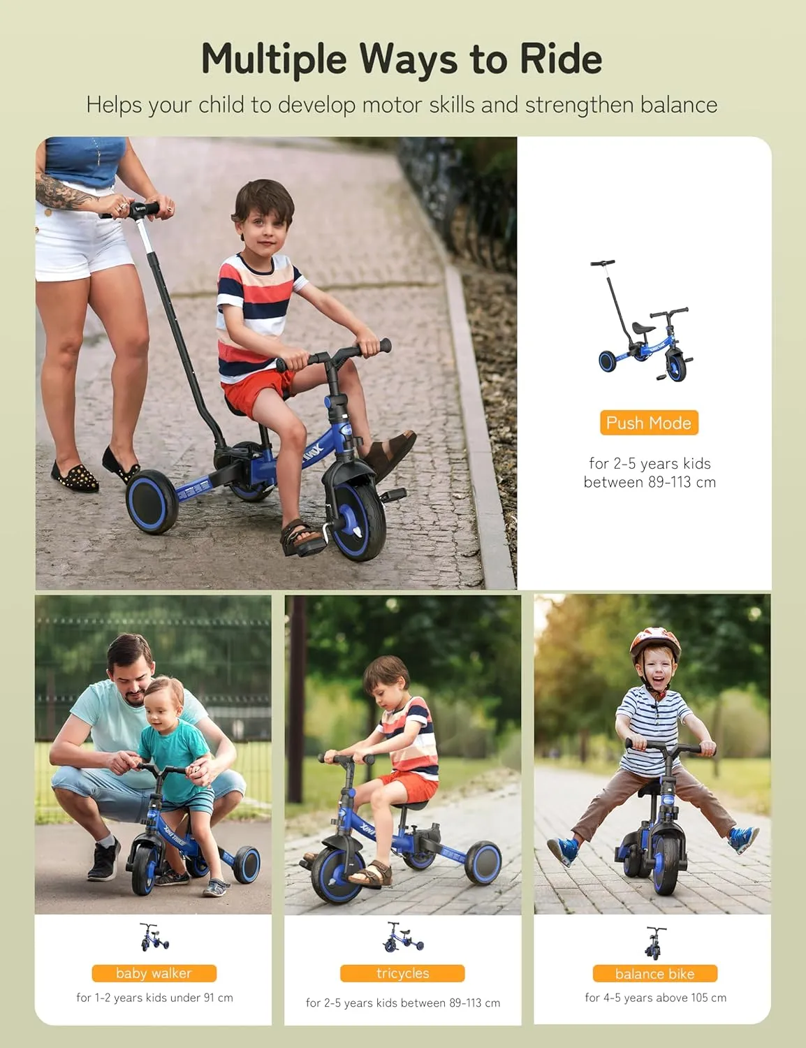 besrey 7-in-1 Toddler Bike with Parent Steering Push Handle for 1，2，3，4，5 Years Old Girls and Boys, Foldable Kids Push Trike, Toddler Tricycle with Removable Pedals, Height Adjustable Seat