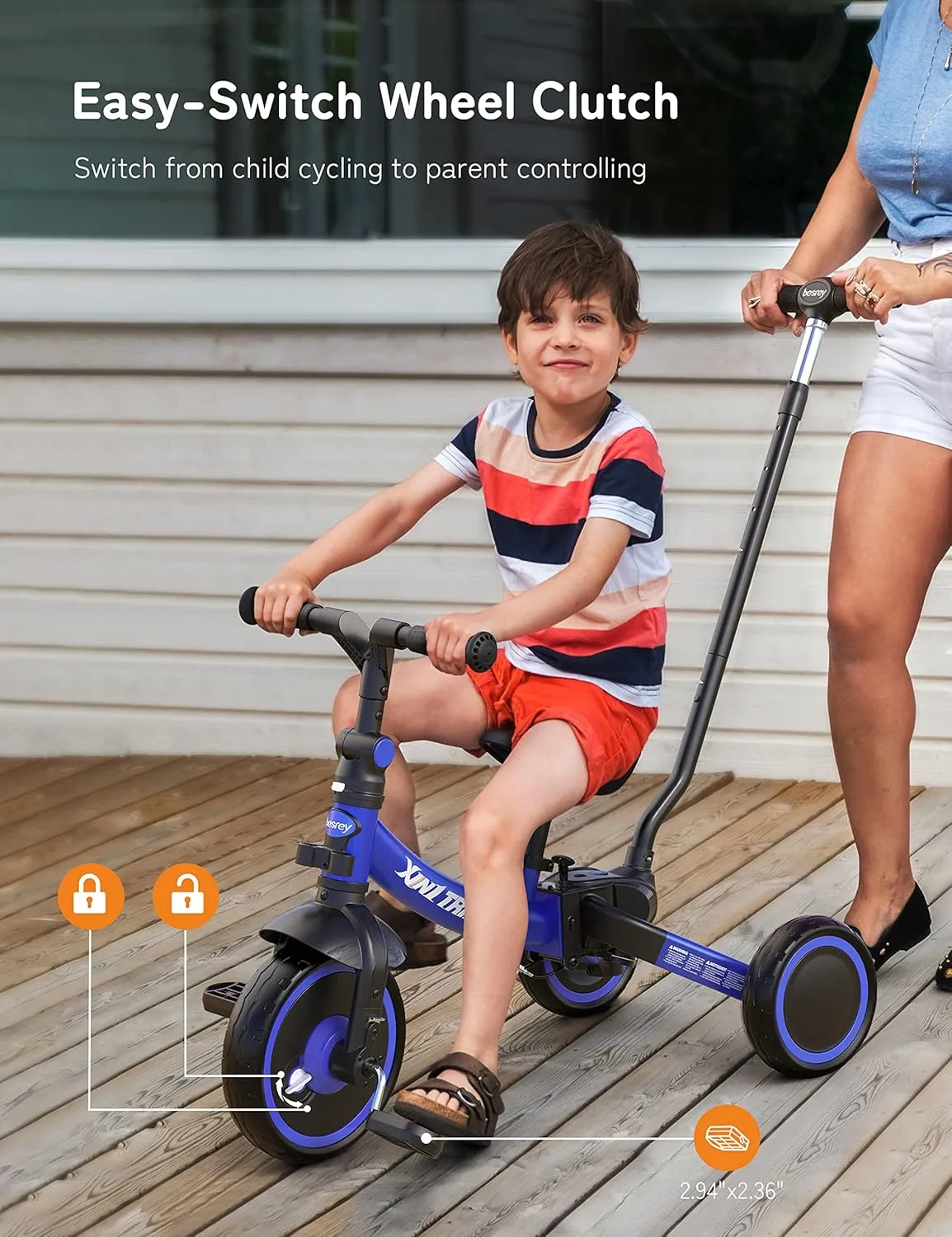 besrey 7-in-1 Toddler Bike with Parent Steering Push Handle for 1，2，3，4，5 Years Old Girls and Boys, Foldable Kids Push Trike, Toddler Tricycle with Removable Pedals, Height Adjustable Seat