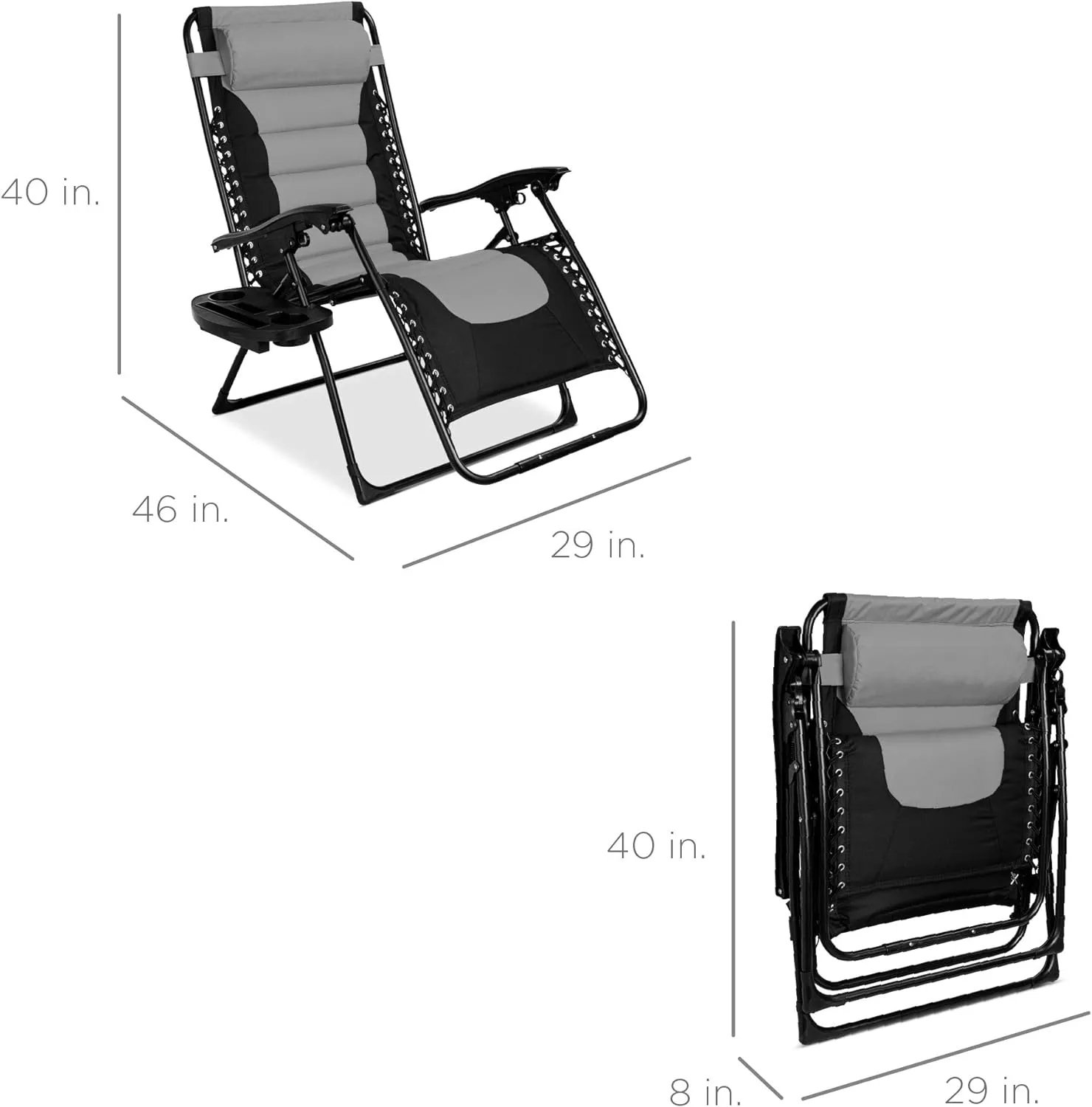 Best Choice Products Oversized Padded Zero Gravity Chair, Folding Outdoor Patio Recliner, XL Anti Gravity Lounger for Backyard w/Headrest, Cup Holder, Side Tray, Polyester Mesh - Black/Gray