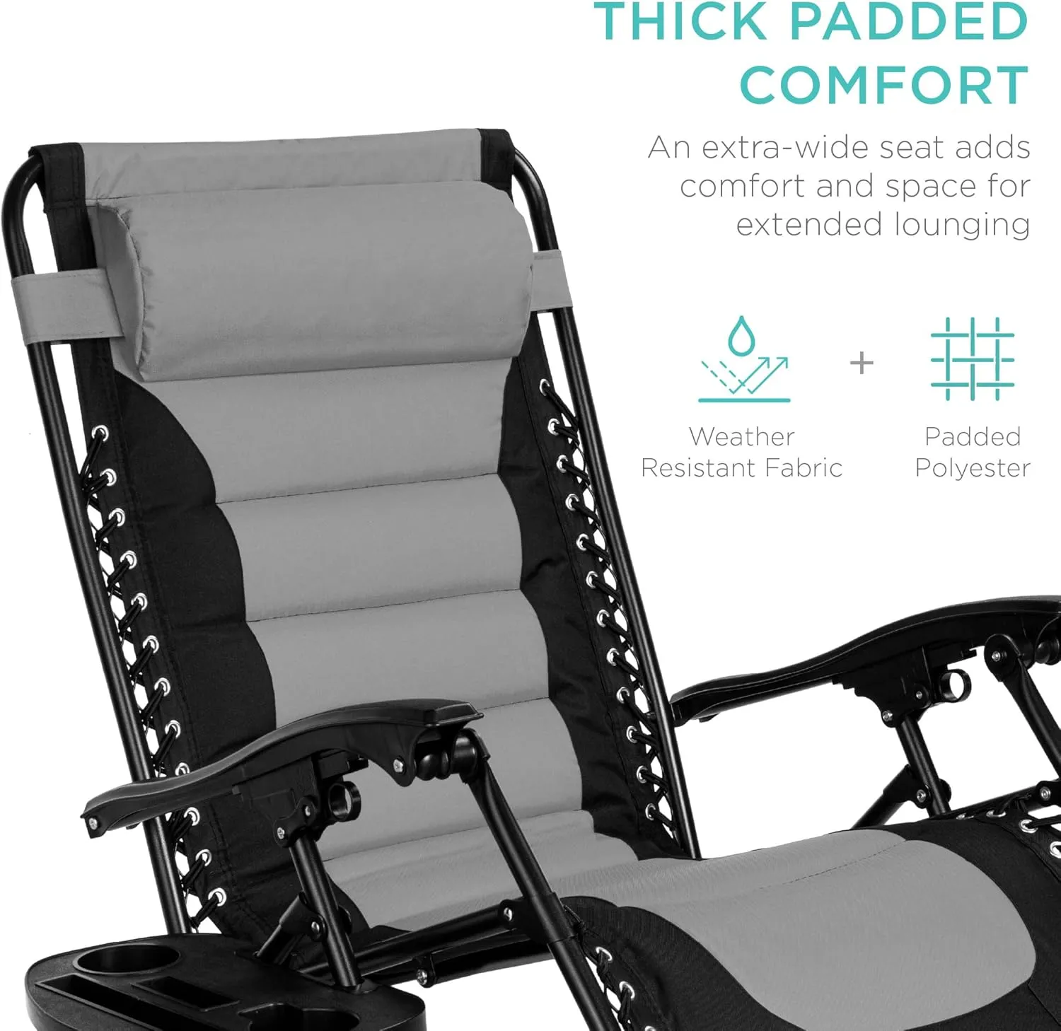 Best Choice Products Oversized Padded Zero Gravity Chair, Folding Outdoor Patio Recliner, XL Anti Gravity Lounger for Backyard w/Headrest, Cup Holder, Side Tray, Polyester Mesh - Black/Gray