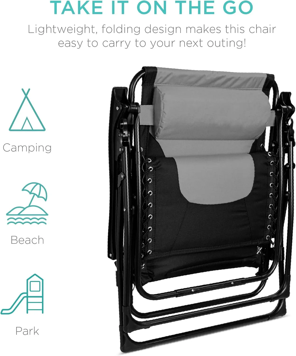 Best Choice Products Oversized Padded Zero Gravity Chair, Folding Outdoor Patio Recliner, XL Anti Gravity Lounger for Backyard w/Headrest, Cup Holder, Side Tray, Polyester Mesh - Black/Gray